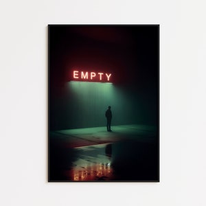 May include: A silhouette of a person standing in a dark, empty space with a red neon sign that reads "EMPTY" above them.