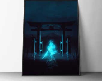 Japanese Minimal Wall Art, Ghost Tsushima, Shrine Ghost Print, Horror Cyberpunk Design, Supernatural Samurai, Japan, Spirit Warrior Poster