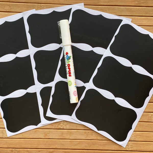 12 Large Chalkboard Stickers with Pen Set, Blank Black Labels, Reusable Easy Peel Waterproof, for Labelling Storage Containers