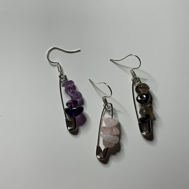 Gem Stone Safety Pin Earrings