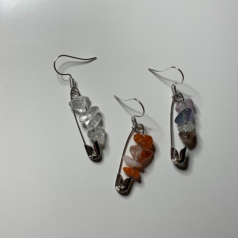 Gem Stone Safety Pin Earrings