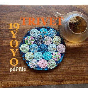May include: A blue and white fabric trivet with 19 colorful fabric circles, labeled "19 YOYO TRIVET pdf file".