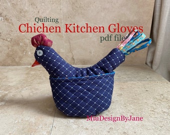 Downloadable PDF sewing pattern, quilting kitchen gloves,  chicken pot holder