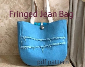 ROUND fringed jean bag sewing pattern, Digital PDF FILE, denim bag