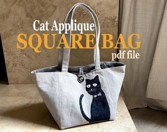 cat applique bag  DIGITAL PDF FILE sewing pattern, lunch bag