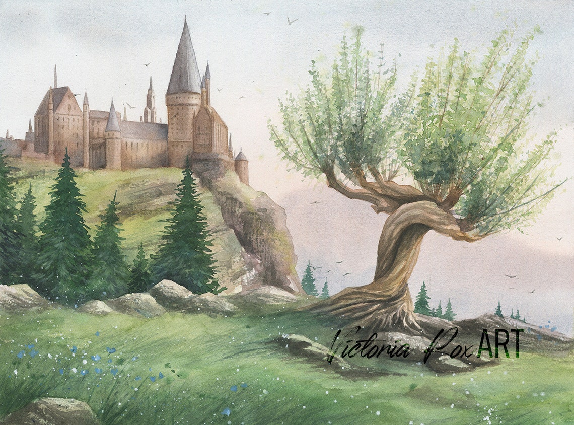 Hogwarts Whomping Willow watercolor painting print Harry Etsy