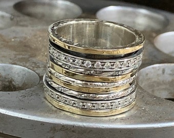 Zircon Spinner Ring for Women, 9K Gold and Silver Ring, Wide Wedding Ring, Chunky Ring, Mediation Ring, Statement Ring, Large Boho Ring