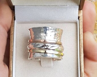 Boho Spinner Ring for Women, Hammered Ring, 9K Gold & Silver Ring, Wide Wedding Ring, Statement Ring, Chunky Ring, Mediation Ring, Boho Ring