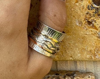 Gold and Silver Spinner Ring for Women, Unique Wedding Ring, Chunky Ring, Wide Band Ring, Silver Statement Ring, Meditation Ring, Worry Ring