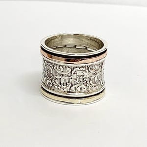 Silver Spinner Ring, Statement Ring for Women, Filigree Wedding Ring, 9K Gold and Silver Ring, Boho Silver Ring, Wide Band Ring, Chunky Ring