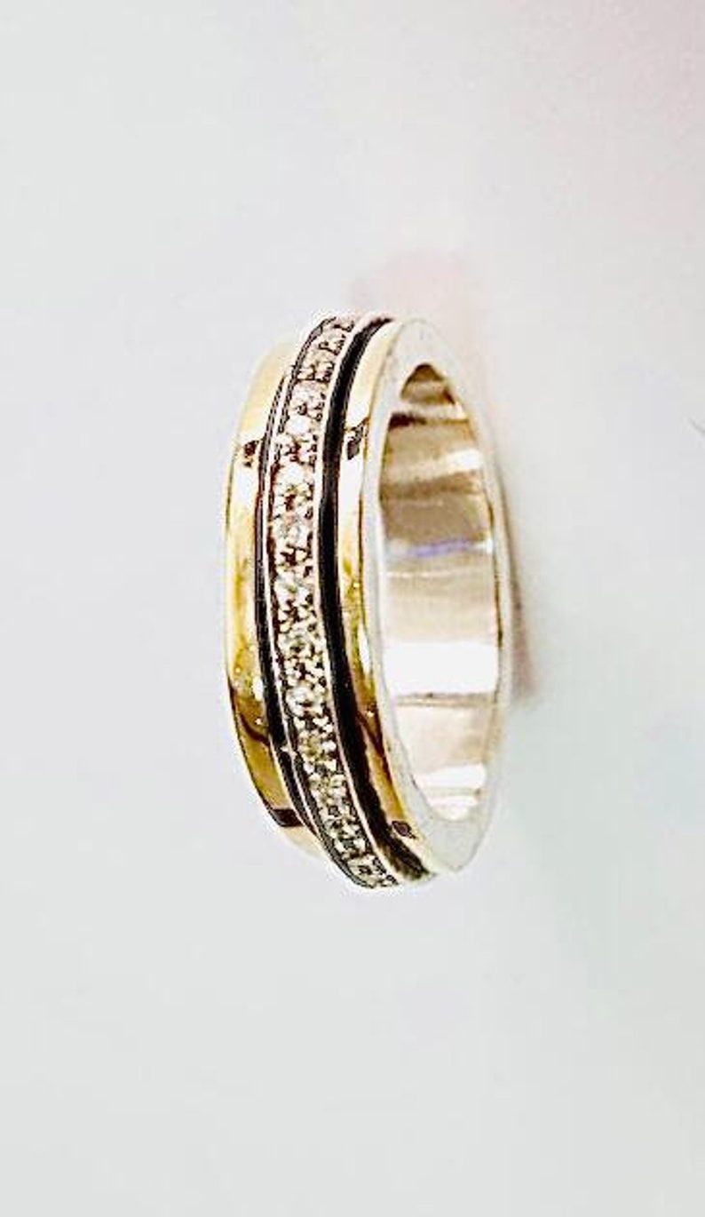 Unique Spinner Ring Boho Gold Ring 9K Yellow Gold Zircon Ring Wide Band Ring White Zircon Ring Gold Statement Ring Chunky Ring