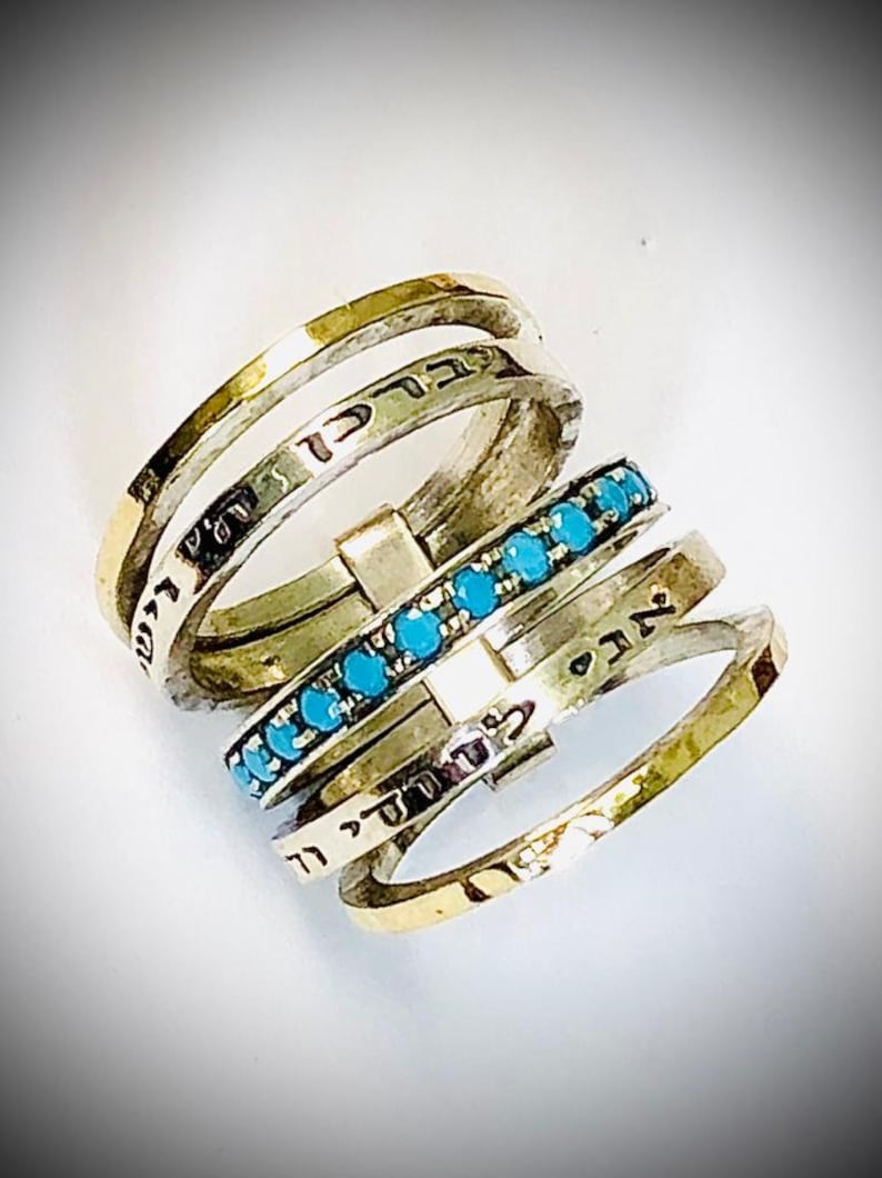 Hebrew Engraved Ring Jewish Ring Turquoise Ring Ani Ledodi Ring God Bless /& I Am My Beloved Ring 9K Gold and Silver Ring Stacking ring