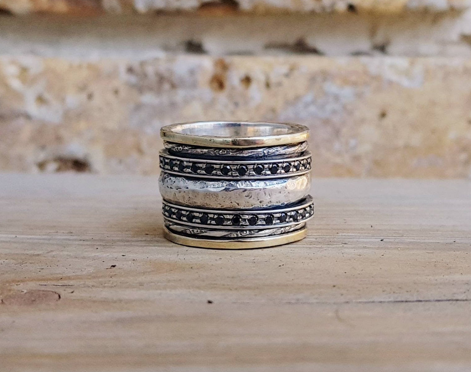 Black Zircon Ring, Gold and Silver Spinner Ring, Boho Black Zircon Ring, Gold and Silver Spinner Ring, Boho