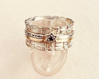 Shema Israel Ring, 9K Gold and Silver Jewish Ring, Kabbalah Ring, Hear o Israel Ring, Hebrew Spinner Ring, Magen David Ring, Israel Jewelry