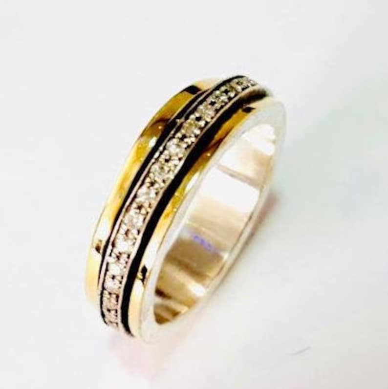 Unique Spinner Ring Boho Gold Ring 9K Yellow Gold Zircon Ring Wide Band Ring White Zircon Ring Gold Statement Ring Chunky Ring