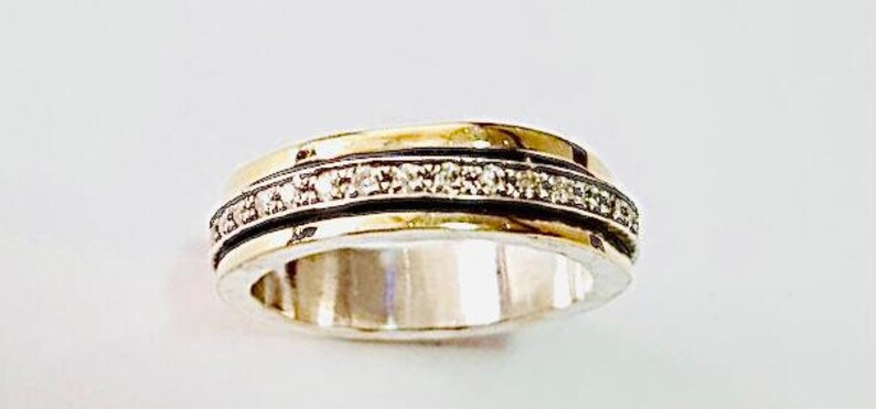 Unique Spinner Ring Boho Gold Ring 9K Yellow Gold Zircon Ring Wide Band Ring White Zircon Ring Gold Statement Ring Chunky Ring