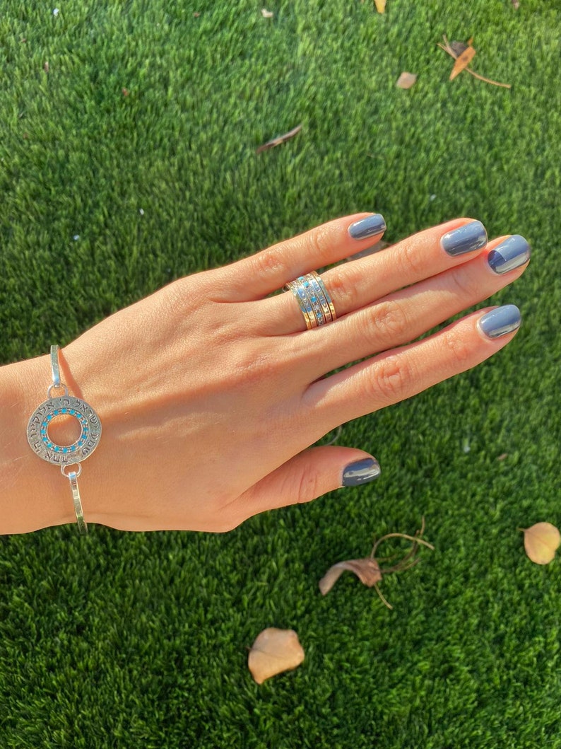 Hebrew Engraved Ring Jewish Ring Turquoise Ring Ani Ledodi Ring God Bless /& I Am My Beloved Ring 9K Gold and Silver Ring Stacking ring