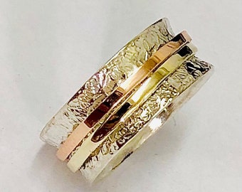 9K Gold & Silver Ring, Yellow and Rose Gold Ring, Silver Hammered Ring, Meditation Ring, Spinner Ring For Women