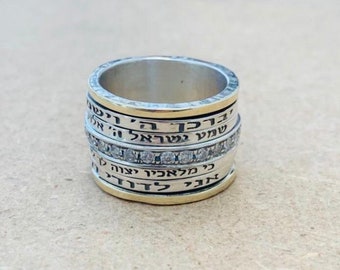 Zircon Spinner Ring, 4 Jewish Blessing Ring, 9K Gold and Silver Ring, Jewish Wedding Band, Hebrew Engraved Ring, Spinner Ring for Women
