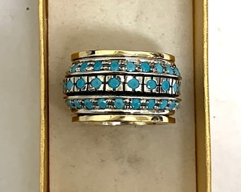 3 Band Turquoise Spinner Ring, 9K Gold and Silver Ring, Spinner Ring for Women, Meditation Ring