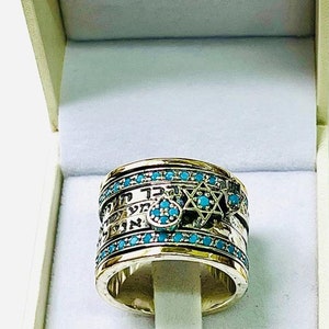 Exclusive Turquoise 3 Blessing Spinner Ring, 9k Gold And 925 Silver Israel Jewelry,Kabbalah Protection Ring, Judaica Bible Ring, Boho Ring,