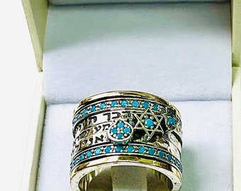 Exclusive Turquoise 3 Blessing Spinner Ring, 9k Gold And 925 Silver Israel Jewelry,Kabbalah Protection Ring, Judaica Bible Ring, Boho Ring,