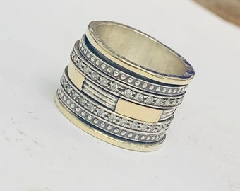 Zircon Spinner Ring for Women, 9K Gold and Silver Ring, Wide Wedding Ring, Chunky Ring, Mediation Ring, Statement Ring, Large Boho Ring