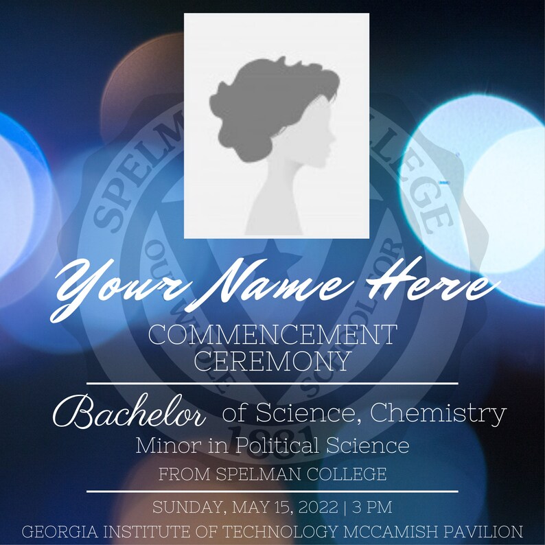 May include: A graduation certificate for a Bachelor of Science in Chemistry with a minor in Political Science from Spelman College. The certificate is decorated with a silhouette of a woman with a blue and white background.