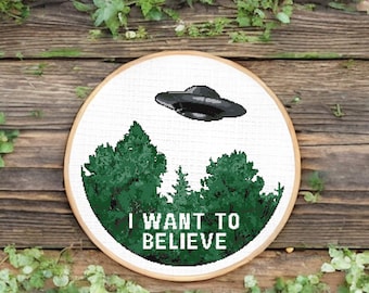 X-Files I Want To Believe cross stitch pattern, aliens, cryptid