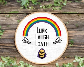 Skeletor Lurk, Laugh, Loath cross stitch pattern