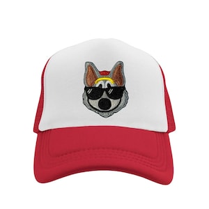 May include: A red and white trucker hat with a cartoon dog wearing sunglasses and a bandana embroidered on the front.
