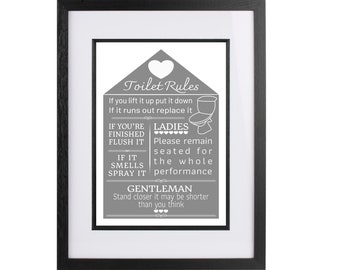 Funny Bathroom Rules Sign - Toilet Humor Digital Wall Art for Restrooms - Modern Grey Bathroom Decor with Funny Quotes