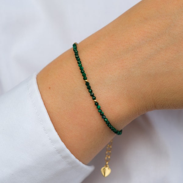 Bracciale in pietra preziosa di malachite con perline placcate in oro 18k, braccialetto in pietra curativa, braccialetto in malachite, braccialetto personalizzato