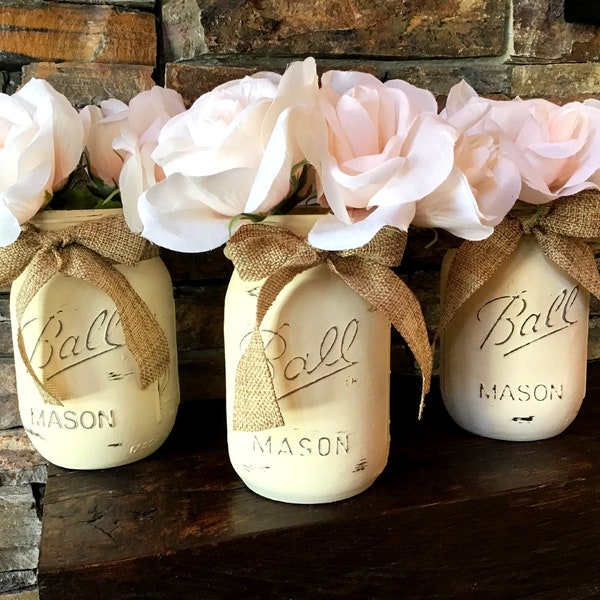 3 Mason Jar Set, Pint Size, Chalk Painted, Distressed, Country Decor, Vases, Rustic, Farmhouse Jars, Shabby Chic, Shower Centerpiece