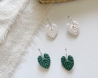 LEAF EARRINGS- Cute Clay Earrings- Botanical Earrings- Leaf Jewelry- Polymer Clay Earrings- Statement Earrings- Hoop Earrings- Gift for Her