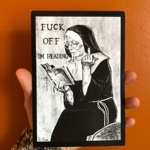 Fuck Off I'm Reading Postcard, Nun Reading, A6 6.5" by 4.5"