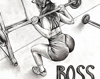 Gym Girl Boss Original Drawing in Charcoal