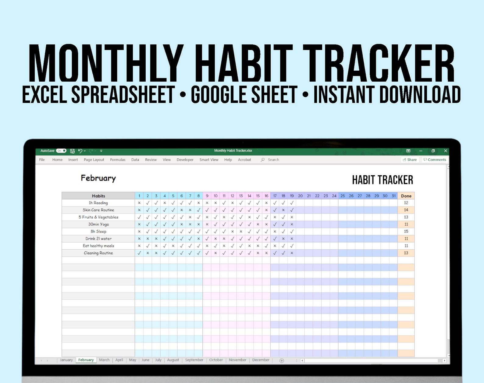 Monthly Habit Tracker Excel Spreadsheet Google Sheets Excel Etsy