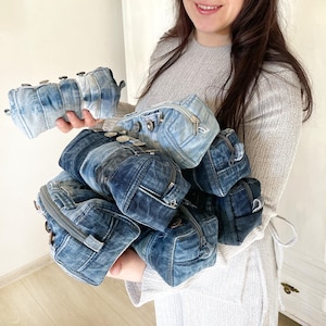 ASTUCCIO IN DENIM, Astuccio con cerniera riciclato, Borsa in jeans blu, Astuccio per matite scolastico ecologico, Colore personalizzato, Regalo per studenti