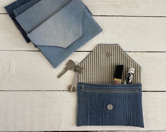 Upcycled denim pouch, Handmade mini toiletry purse with zipper, Denim snap wallet