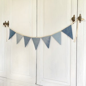 This blue fabric bunting banner is perfect  as cake table decoration, highchair birthday banner, baby shower and then expand it back as a keepsake for a sweet nursery decor, above a bed or wall.