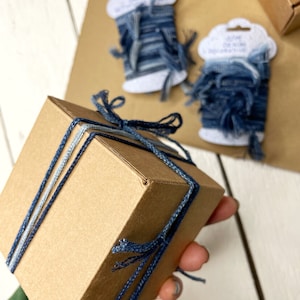 May include: A brown cardboard box tied with blue and gray striped twine. The twine is tied in a bow on top of the box.