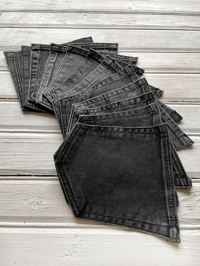 SET of 12 JEANS POCKETS, Upcycled Black and Dark Grey Detached Jeans Pockets for Diy Crafts, Reclaimed Back Pockets for Quilting and Sewing