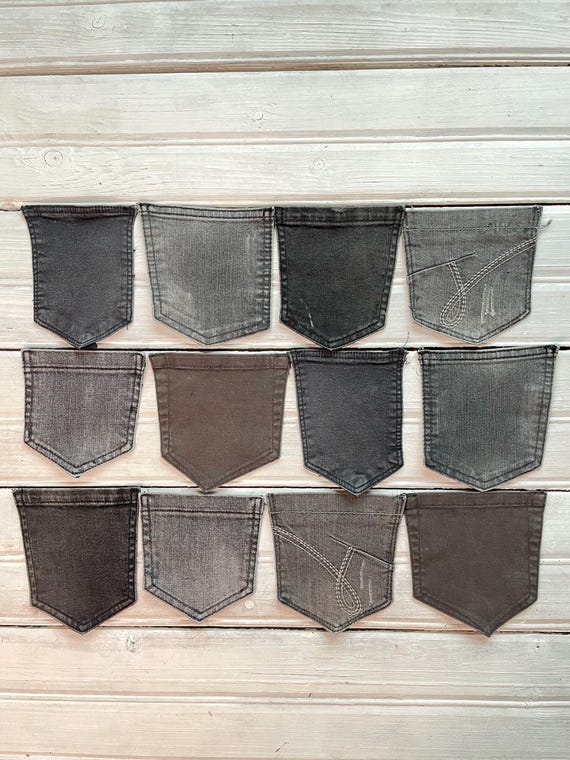 GREY DENIM POCKETS, Upcycled Detached Jeans Pockets for Diy Crafts, Set of 12 Recycled Reclaimed Denim Pockets for Quilting Crafts Sewing