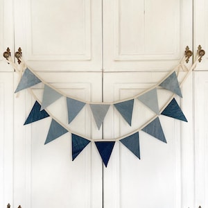 Denim Flags Garland – a handmade denim flag garland, available in light blue or dark blue, adding a touch of rustic charm and sustainable style to your celebration or nursery decor.