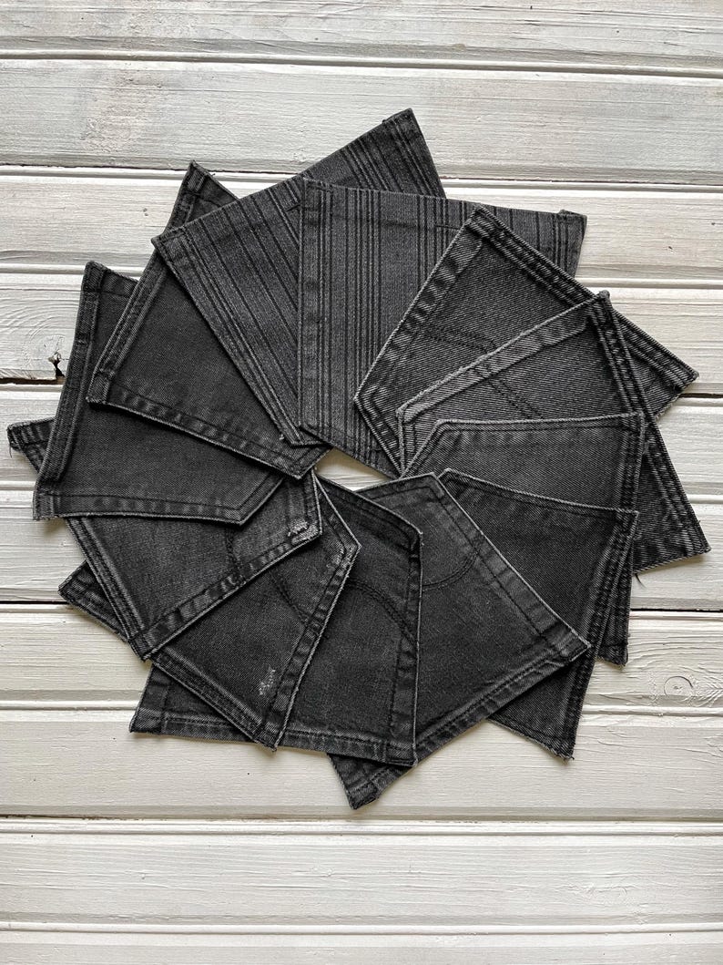 This unique set of 12 upcycled back pockets is carefully reclaimed from worn denim jeans, offering eco-friendly crafting materials for your sustainable projects.