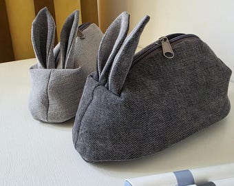 Bunny pencil case for kids, Rabbit pencil pouch in light or dark grey denim, Upcycled cute school pouch, Easter or back to school gift