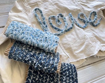 NARROW Handmade Braided DENIM Trim – Recycled Jean Strip for Clothing Embellishment, Custom Name Appliqués, Sewing & DIY – Sold by the Meter