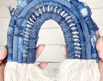 Handcrafted Denim Macrame Rainbow Wall Hanging: Sustainable Decor