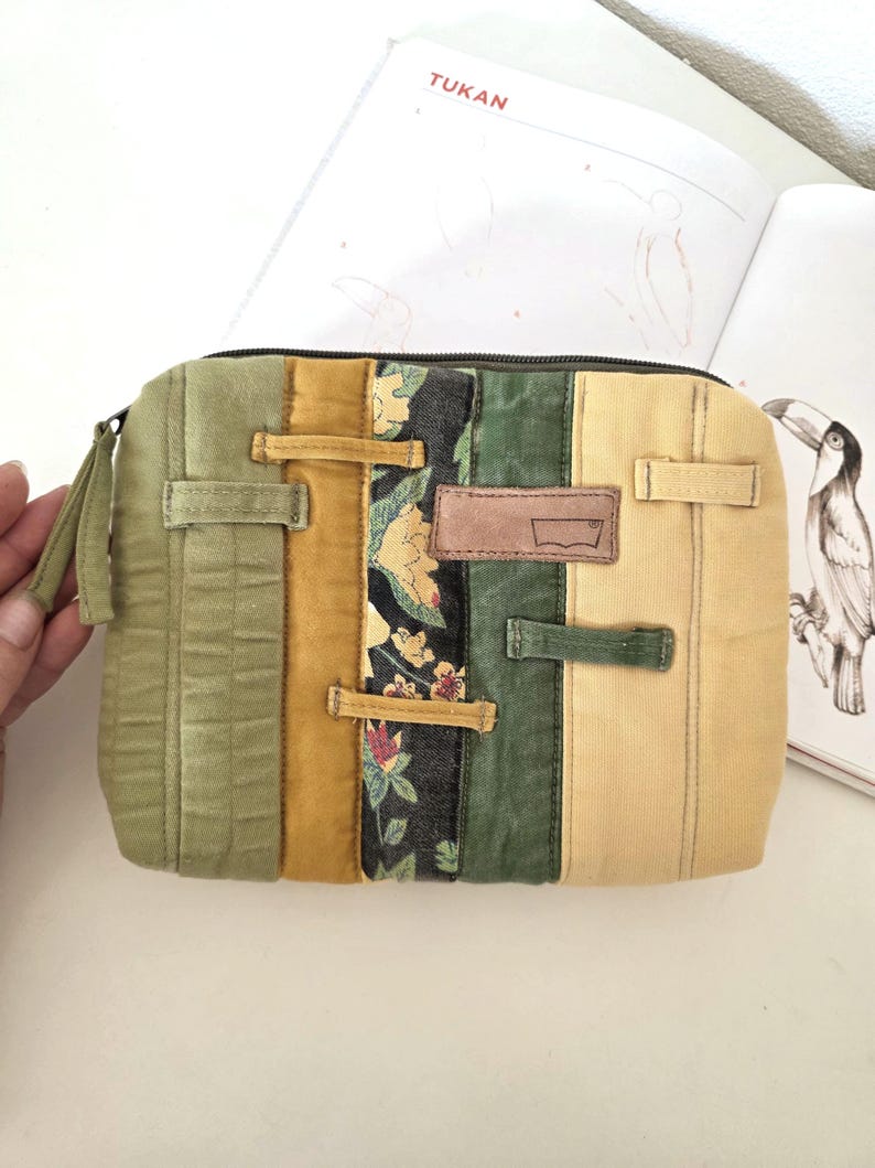 Zipper pouch photographed next to skincare or beauty items to show scale. Eco-friendly, one-of-a-kind piece for gifting or personal use.